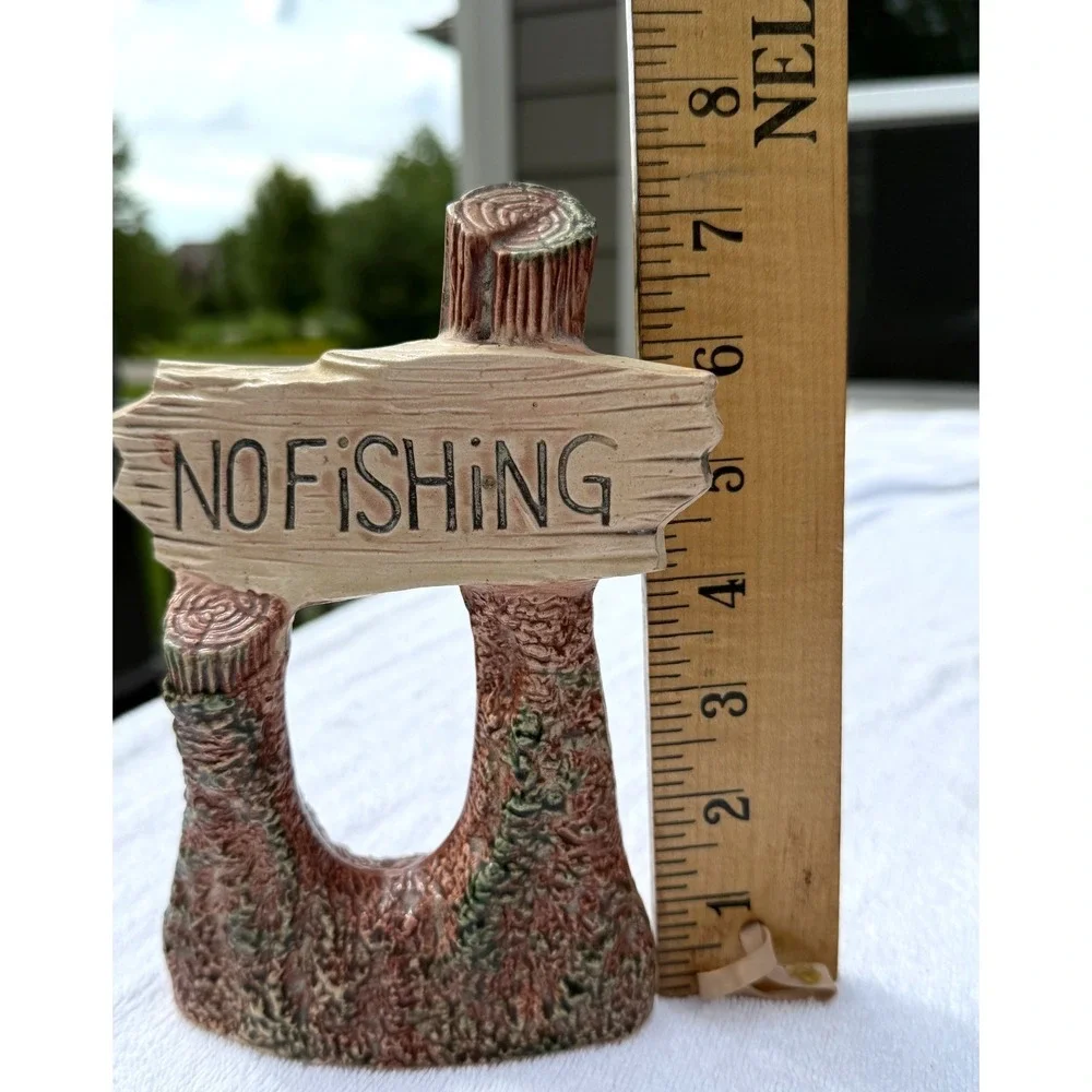 VTG Funny No Fishing Ceramic Aquarium Ornament Fish Tank Decor Rustic Cabin Sign